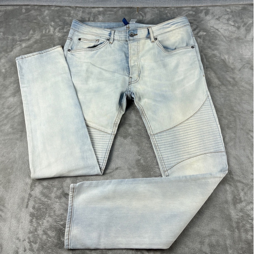 H&M Divided Jeans Mens 36 Skinny Light Wash Moto Ribbed EUC